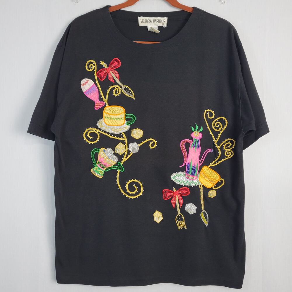 Vintage Beaded Embroidered Short Sleeve T-shirt size L Black Tea Time 90s Artsy